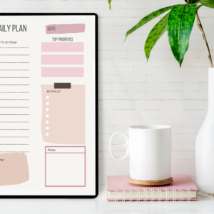 Daily plan printable. pink and white planner pdf. Top 3, notes, priority, schedule sections